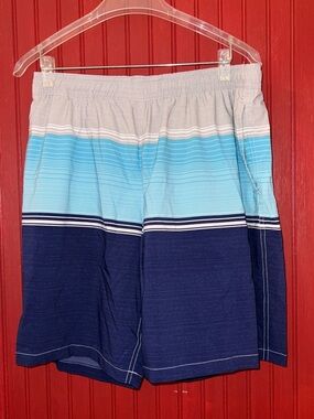 Kirkland Signature Light Blue, Navy & Gray Striped Swim Shorts